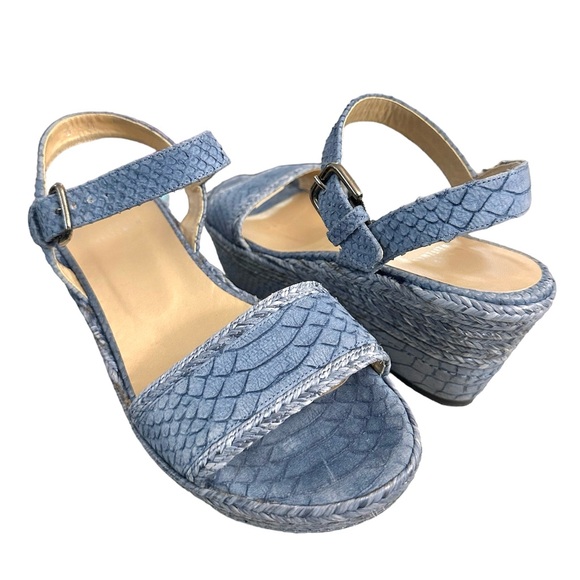 Stuart Weitzman Blue Denim Chambray Espadrille Wedge Sandals 6 - Picture 2 of 9